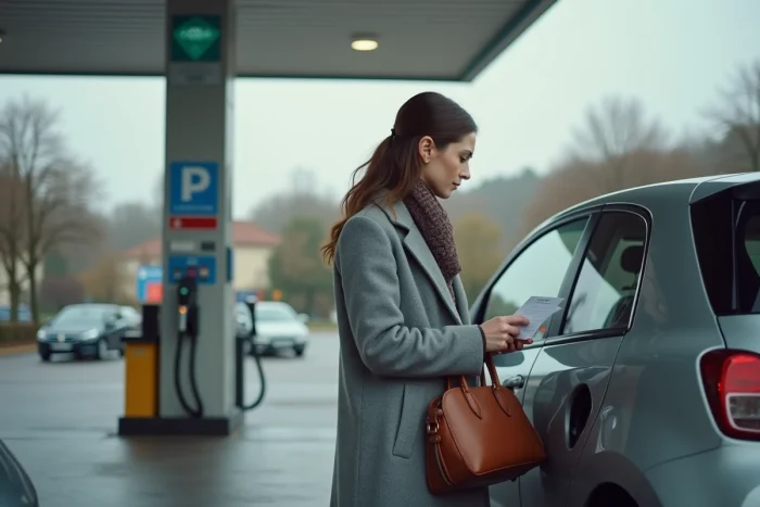 Une femme tenant un chèque devant une pompe à carburant dans une station service française
