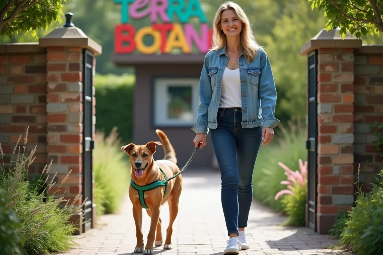 Femme souriante avec chien devant l'entrée de Terra Botanica