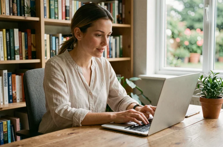 Femme consultant le site Concoursagrinature sur un ordinateur portable dans un bureau à domicile organisé