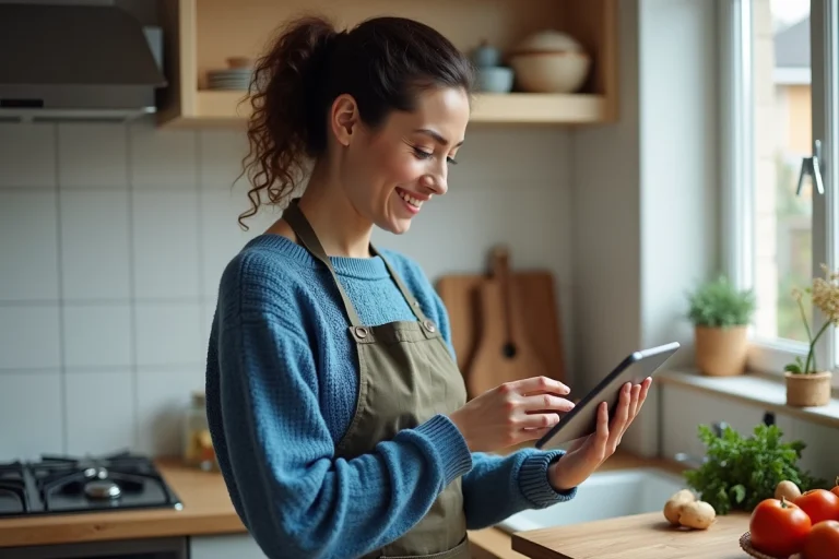 Femme souriante en cuisine avec tablette et légumes