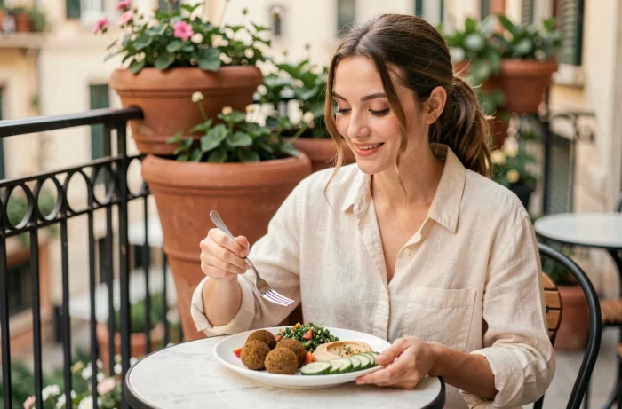 Femme mangeant un repas équilibré avec falafel et taboulé en terrasse urbaine ensoleillée