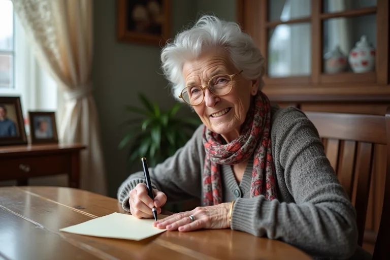 Femme âgée écrivant une lettre dans un intérieur chaleureux
