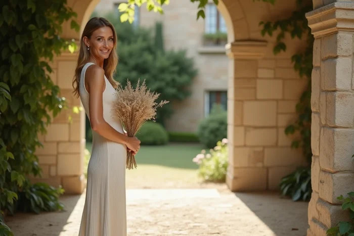 Femme élégante en robe ivoire devant une arche en pierre dans un domaine de mariage français, évoquant la cérémonie nuptiale et l'intimité de la vie personnelle