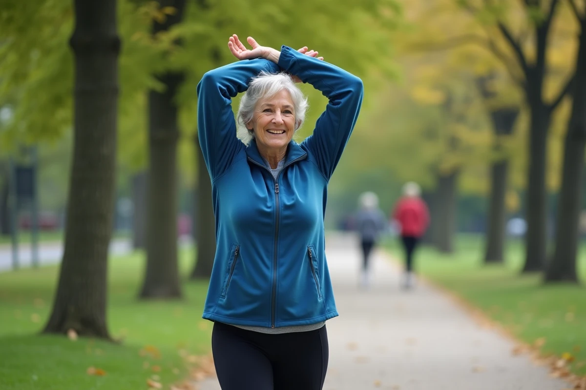 Femme active de 60 ans s’étire dans un parc urbain