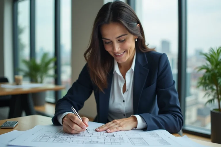 Femme investisseuse immobilière analysant des plans et documents financiers dans une agence moderne