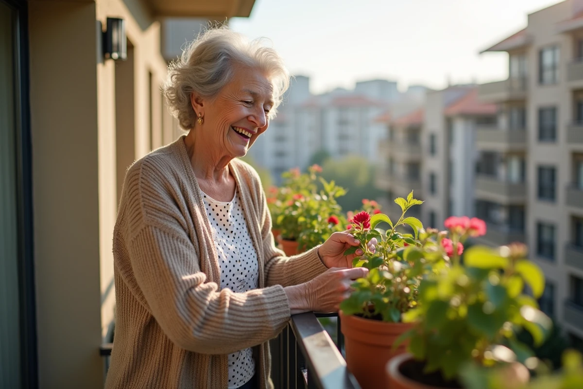 Femme âgée prenant soin de ses plantes sur le balcon
