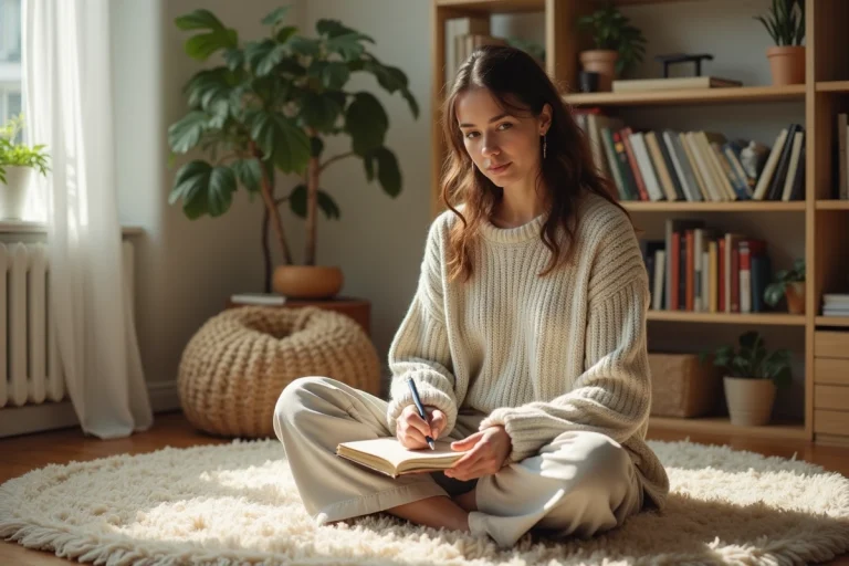 Femme en sweater et pantalon en lin dans un salon lumineux
