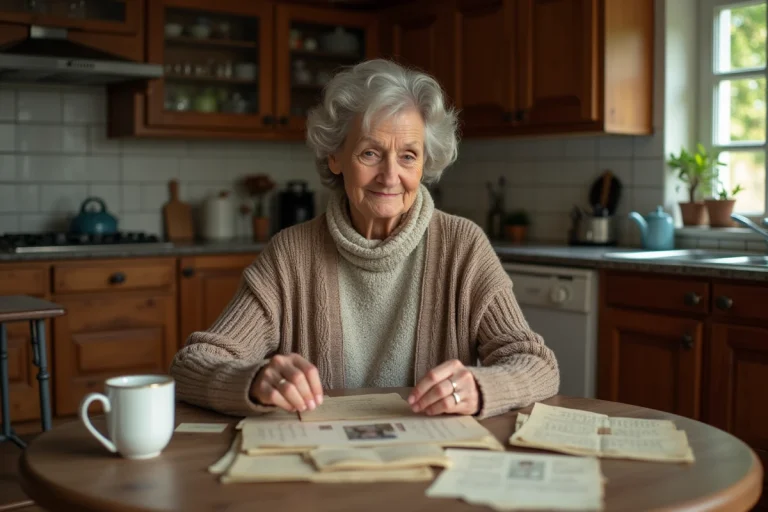 Femme lisant des lettres anciennes dans la cuisine chaleureuse