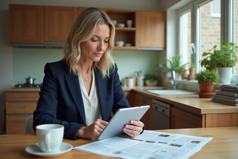 Femme en blazer navy lit des articles sur une tablette