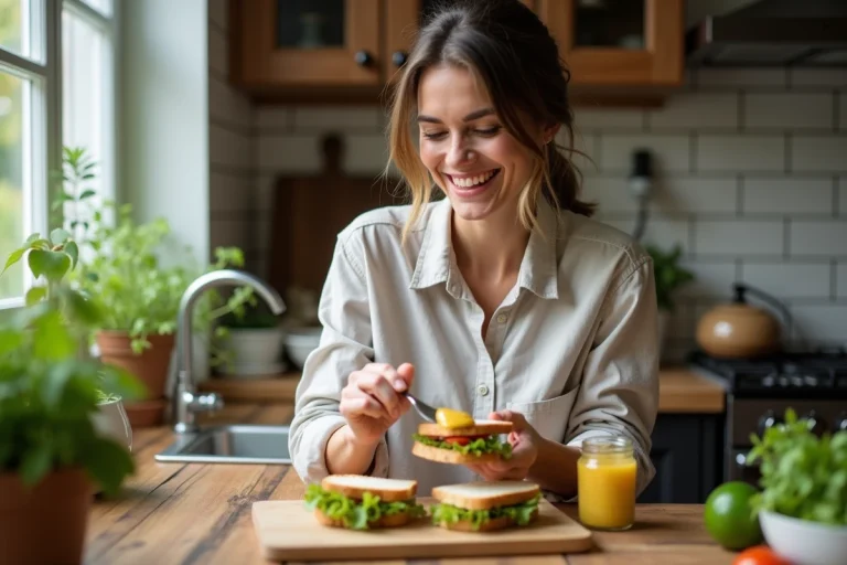 Femme souriante étalant de la moutarde vegan sur un sandwich dans une cuisine chaleureuse