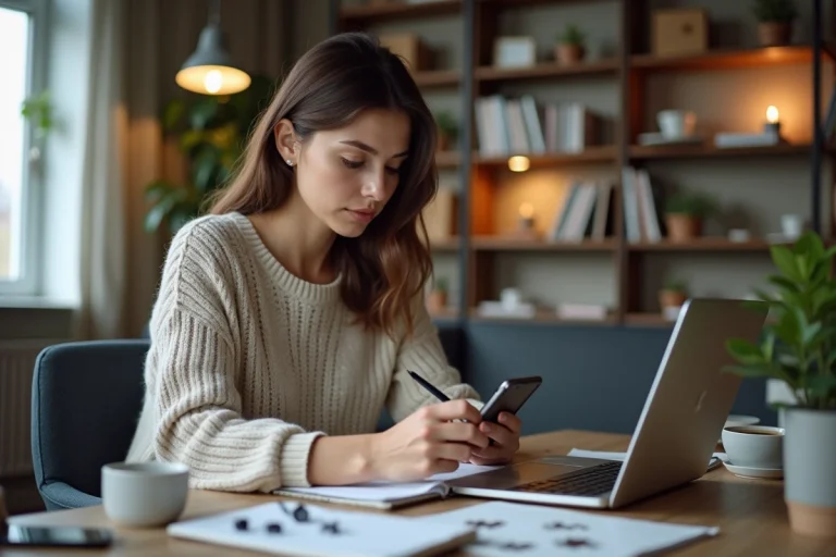Femme concentrée avec smartphone et notes pour titre