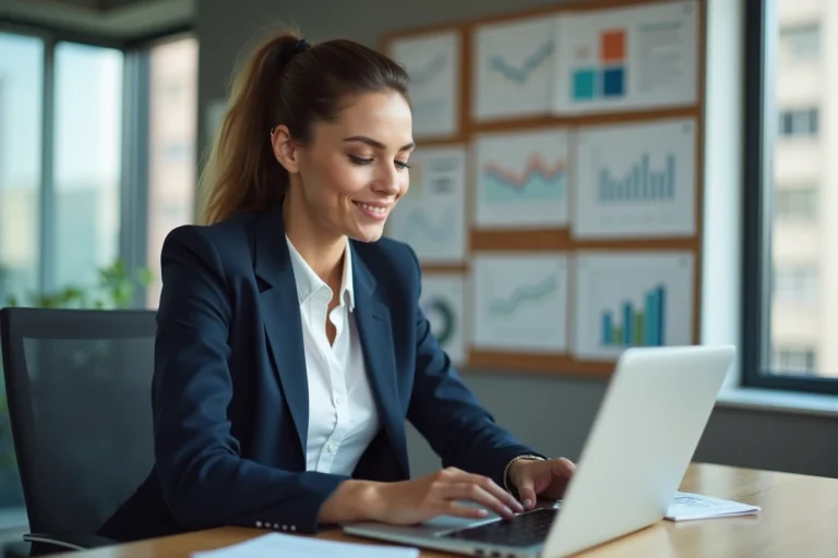 Jeune femme en costume de bureau travaillant sur un ordinateur