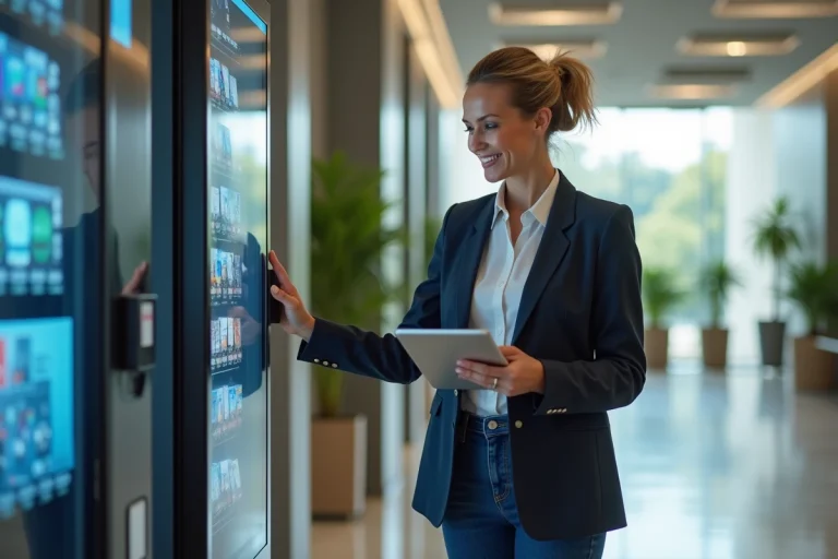 Femme d'affaires souriante vérifiant une machine vending moderne