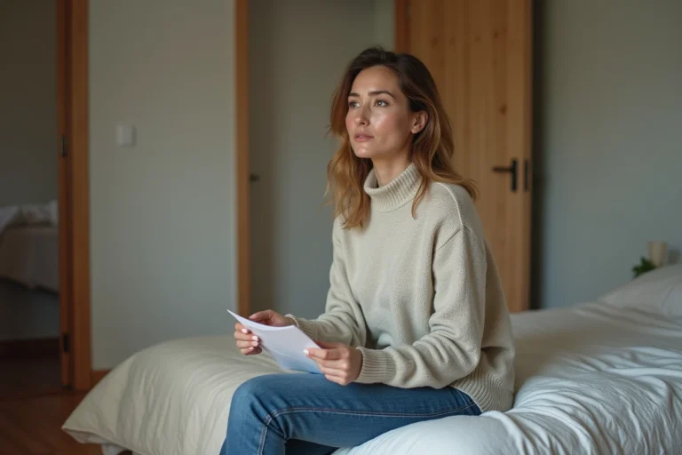 Femme assise sur le lit tenant un courrier dans une chambre modeste
