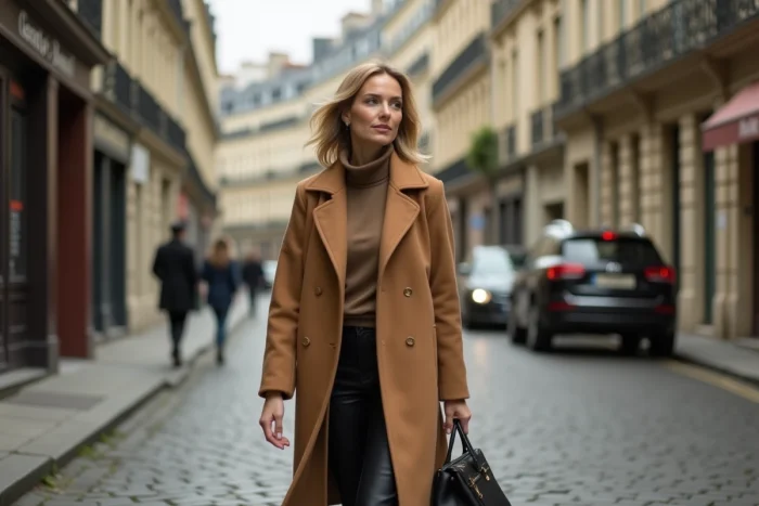 Femme en manteau camel marchant dans une rue parisienne haussmannienne en automne, symbolisant la discrétion et la vie privée d'une figure publique française