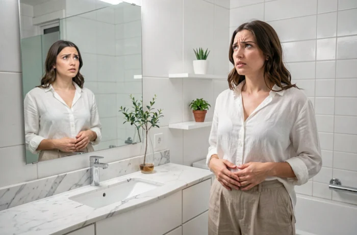 Femme debout dans une salle de bain regardant son reflet dans le miroir, les mains sur l'abdomen, signe possible de grossesse