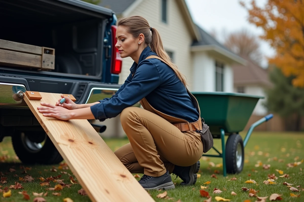 Femme fixant une rampe en bois sur la camionnette