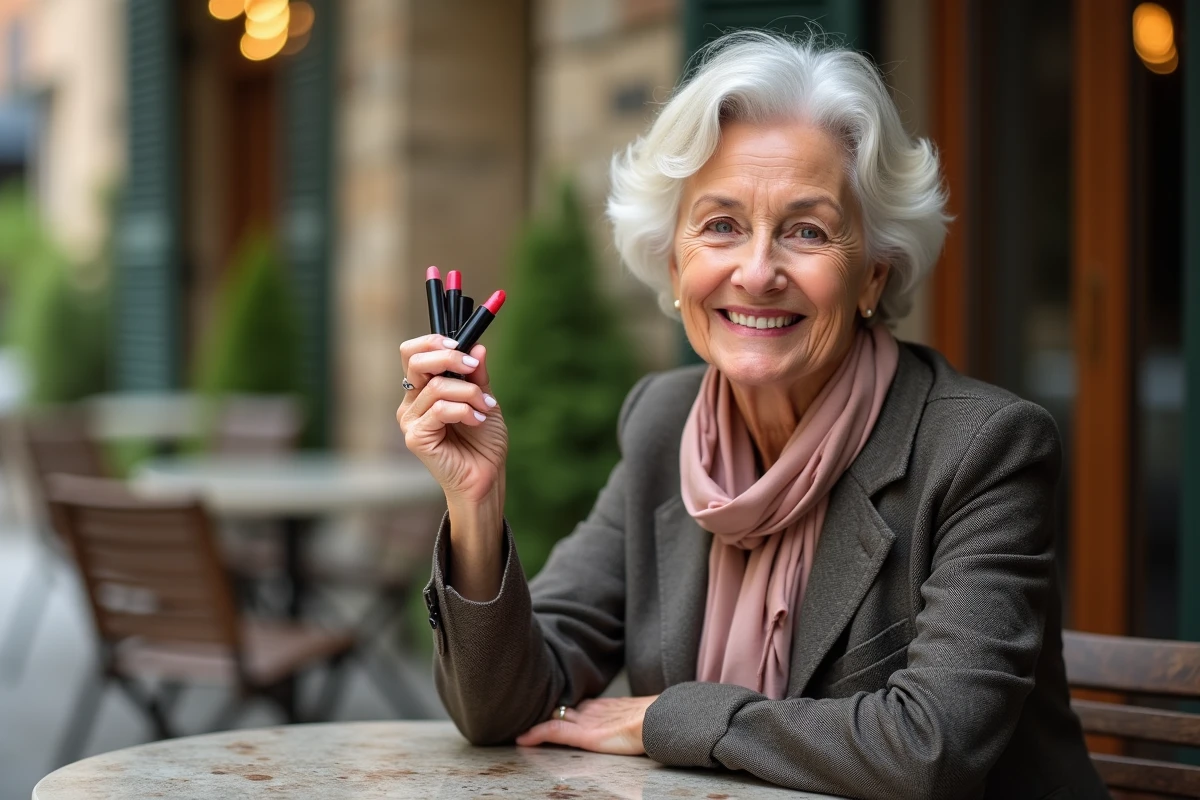 Femme senior souriante tenant plusieurs rouges à lèvres