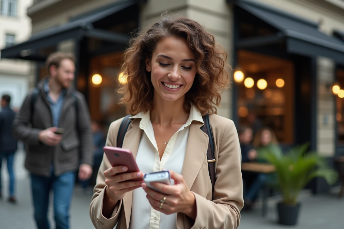 Femme dehors regardant son smartphone dans la ville