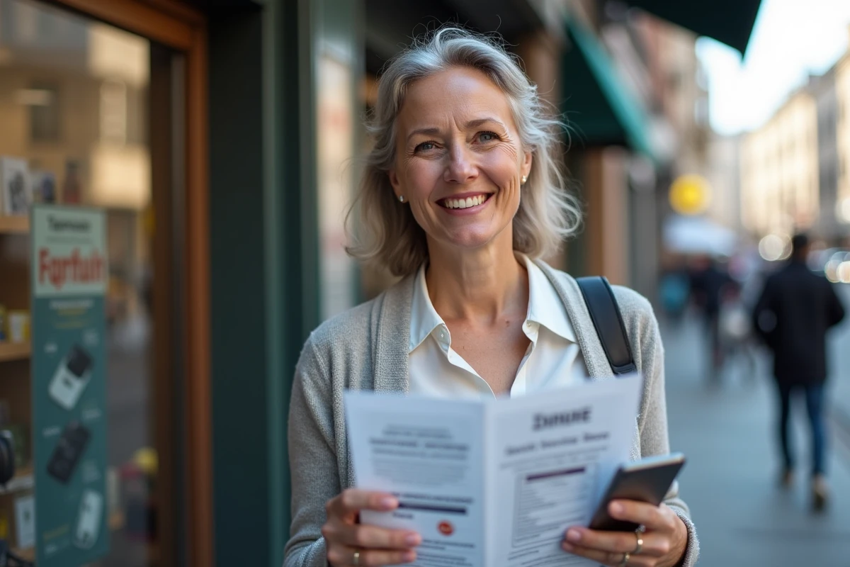 Femme souriante dans la rue avec smartphone et dépliant mobile