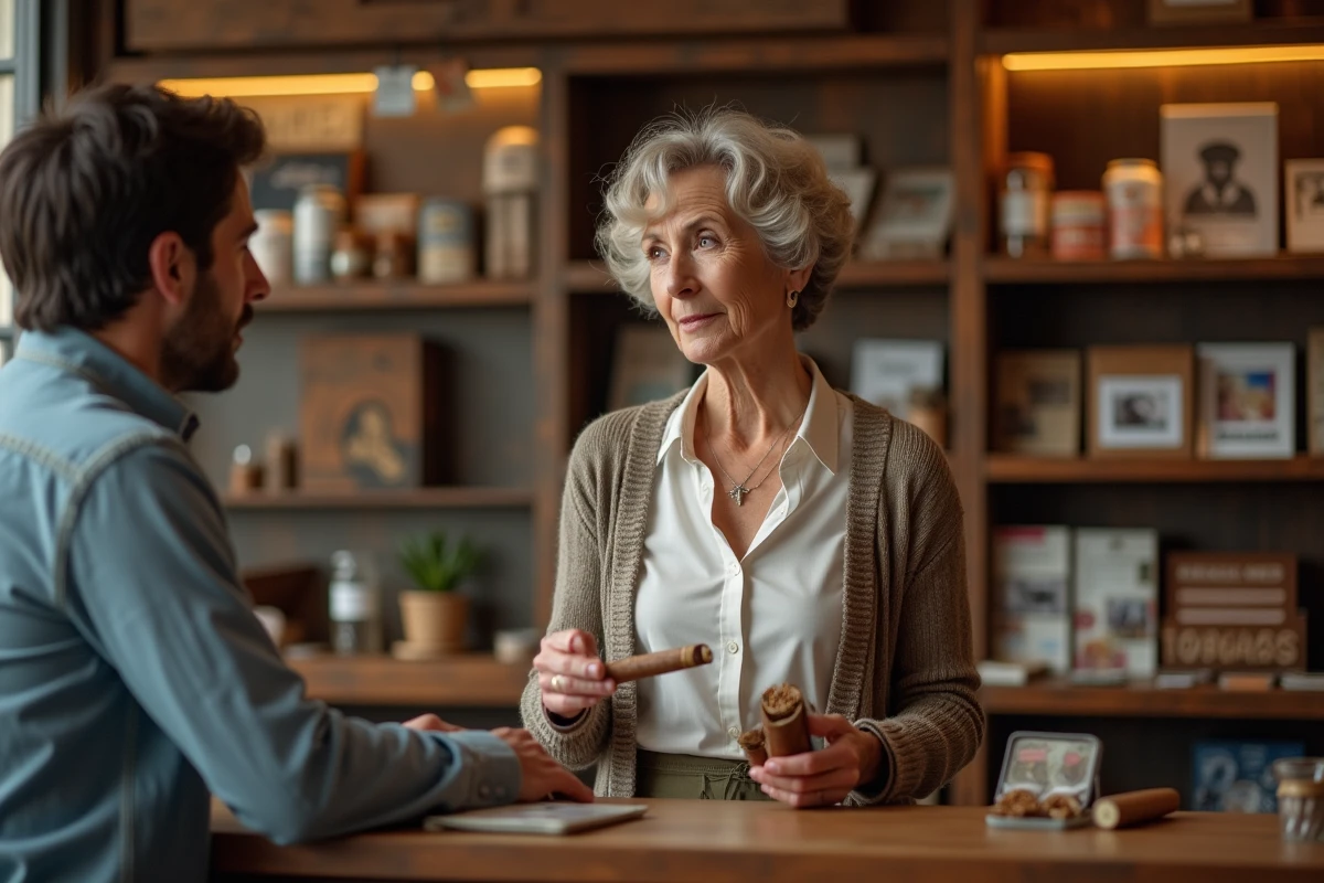 Femme discutant avec le vendeur dans un bureau de tabac