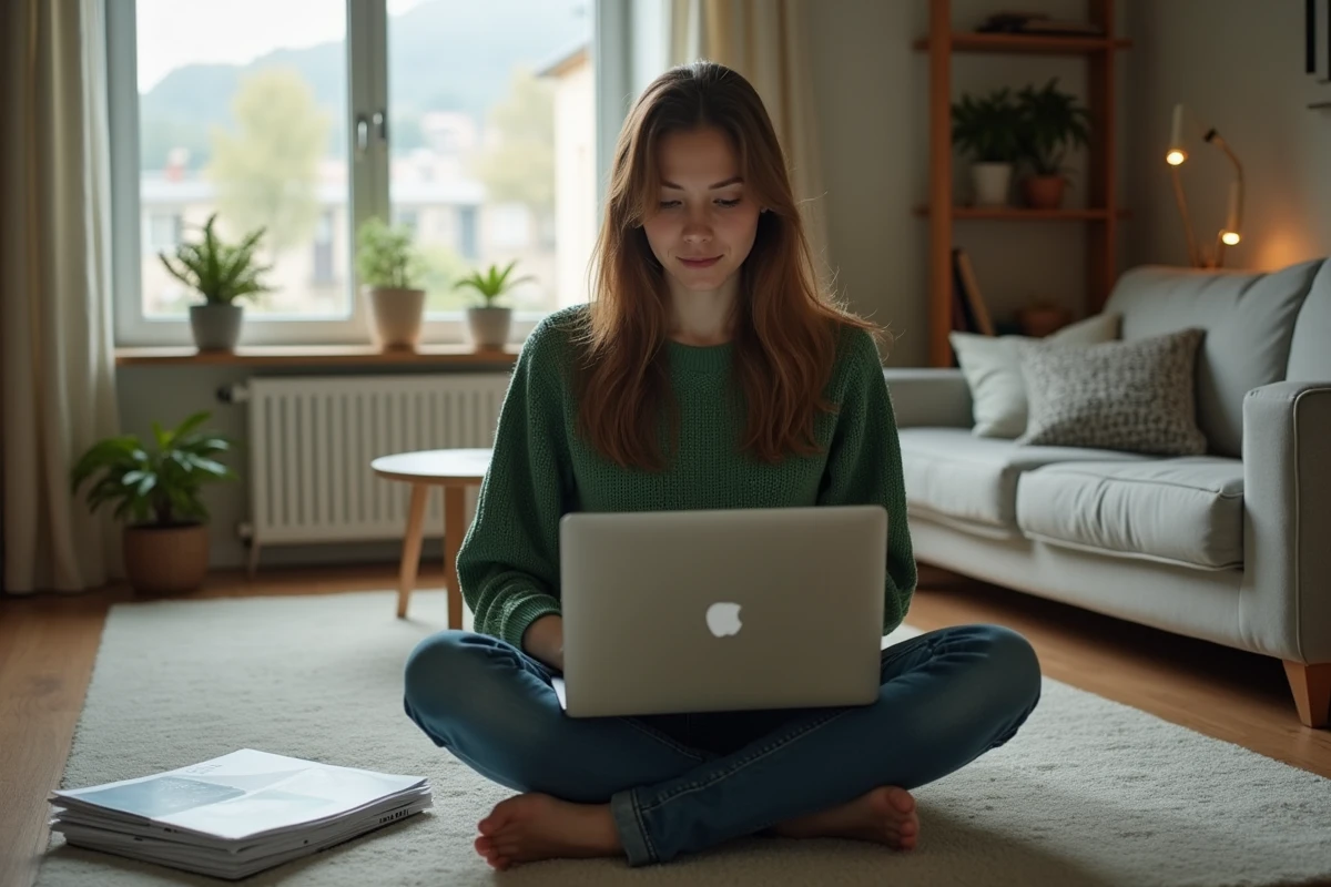 Jeune femme en sweater vert utilisant eMule sur son laptop