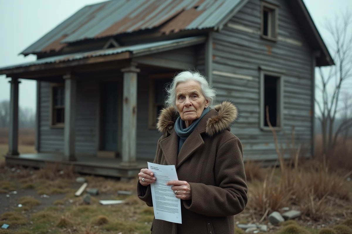 Femme âgée devant une maison rurale délabrée en hiver