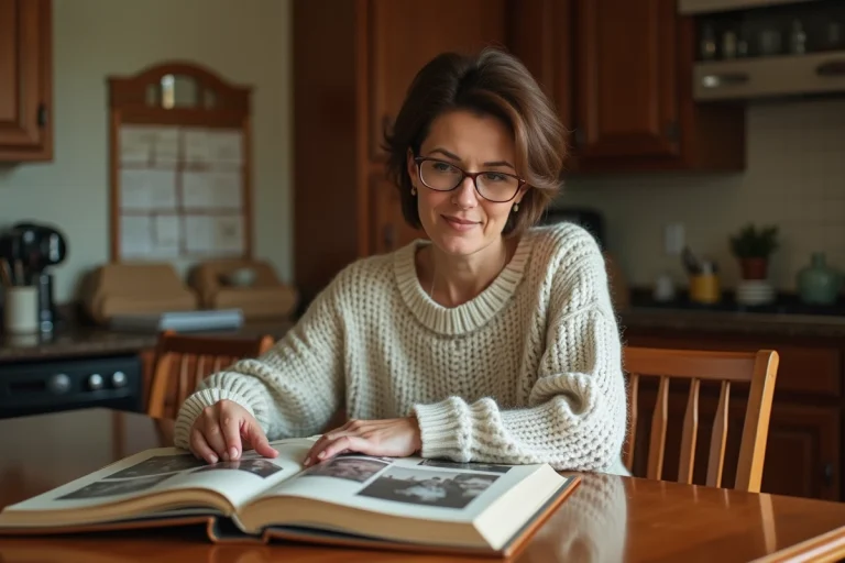 Femme d'âge moyen regardant un album photo vintage dans la cuisine