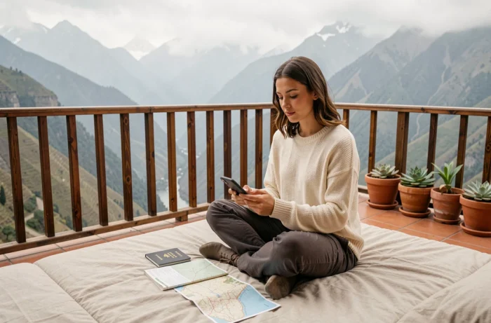 Femme voyageuse consultant une application de services pour nomades numériques sur sa terrasse avec vue sur les montagnes