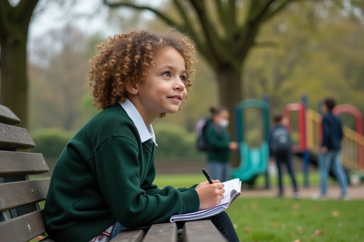 Fille de 12 ans écrivant dans un journal au parc
