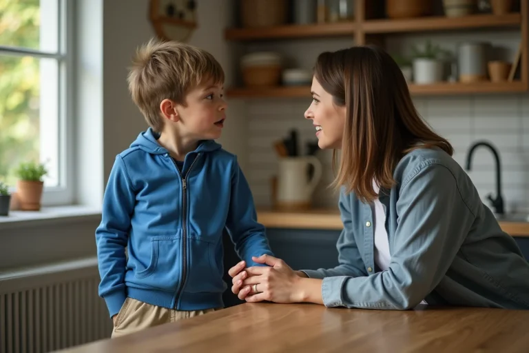 Garçon de 10 ans avec mère dans la cuisine chaleureuse
