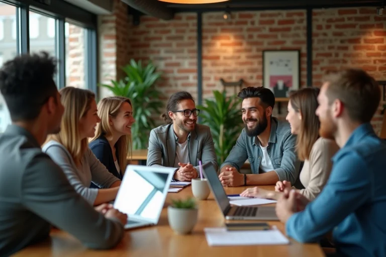 Groupe de jeunes adultes en brainstorming dans un coworking