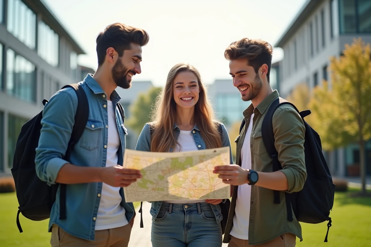 Groupe de jeunes étudiants discutant sur le campus universitaire
