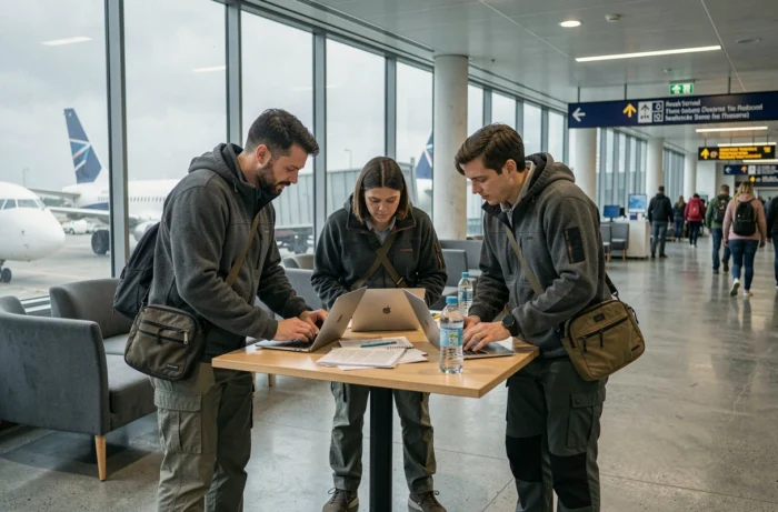 Groupe de voyageurs nomades consultant leurs documents et itinéraires dans un salon de transit d'aéroport moderne