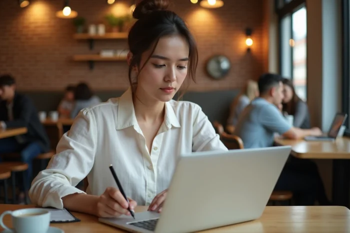 Jeune femme consultant les étapes pour annuler Amazon Prime dans un café avec un ordinateur portable