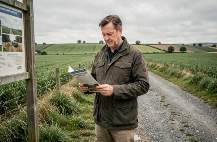 Homme lisant une brochure sur les concours agricoles et nature en milieu rural