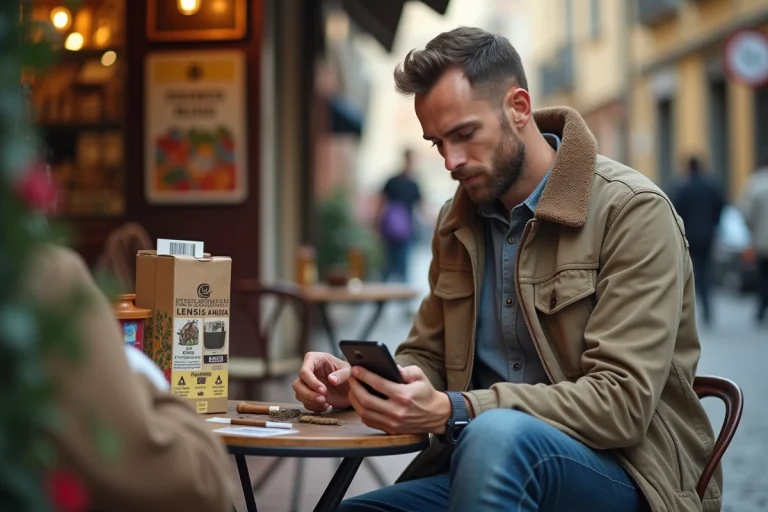 Homme décontracté comparant prix de tabac et smartphone