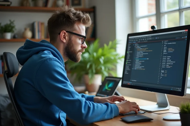 Homme en hoodie bleu configurant eMule dans un bureau lumineux