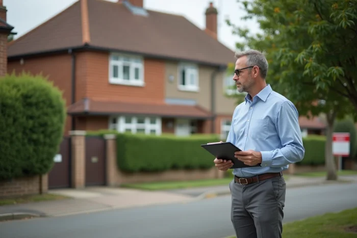 Homme évaluant une maison à vendre dans un quartier résidentiel pour un investissement immobilier