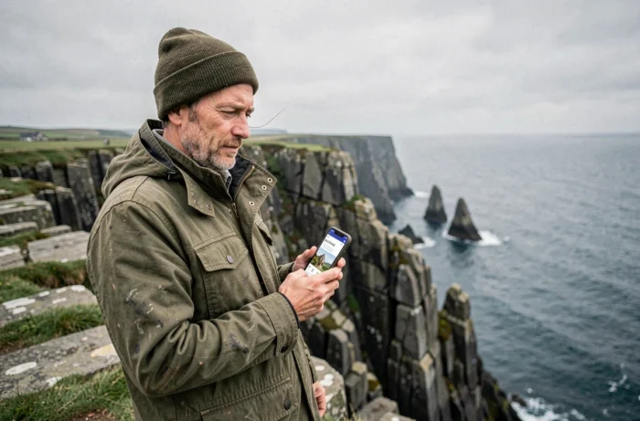 Homme consultant un guide de voyage Bretagne sur smartphone au bord des falaises côtières bretonnes