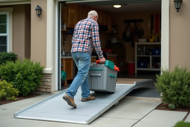 Homme guidant une boîte à outils dans le garage
