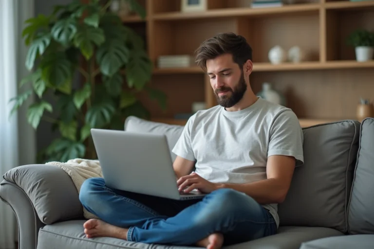 Homme assis sur un canapé moderne avec ordinateur portable