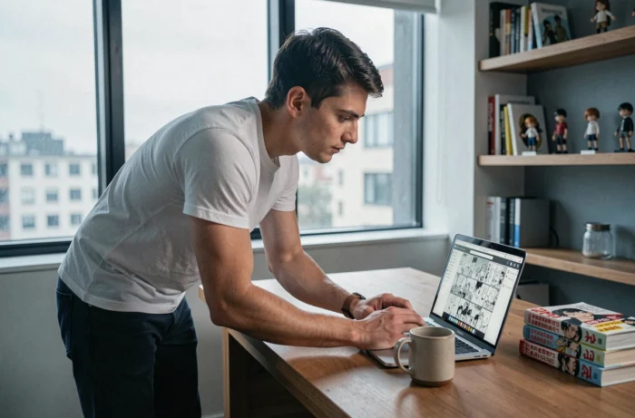 Homme consultant un site de lecture de mangas en ligne sur un ordinateur portable dans un bureau moderne