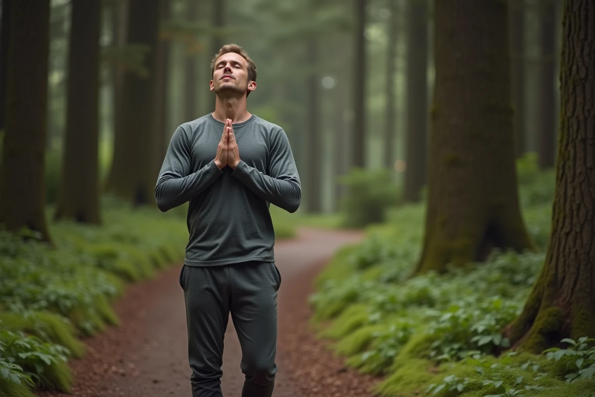 Homme en tenue de sport méditant en forêt calme