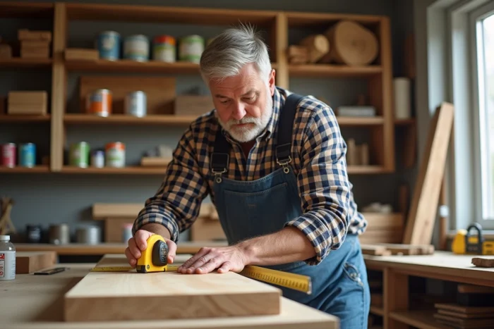 Homme d'âge moyen mesurant une planche en bois dans un atelier lumineux