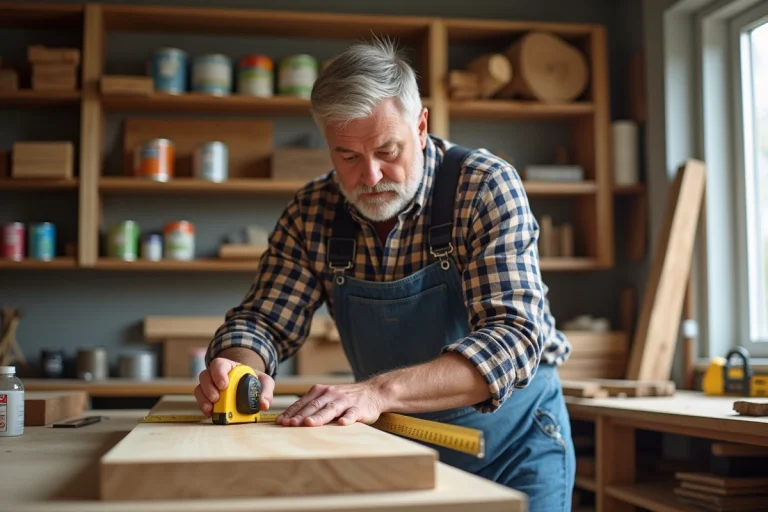 Homme d'âge moyen mesurant une planche en bois dans un atelier lumineux