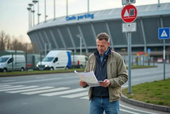 Homme consultant son téléphone pour trouver le parking P2 du Stade de France