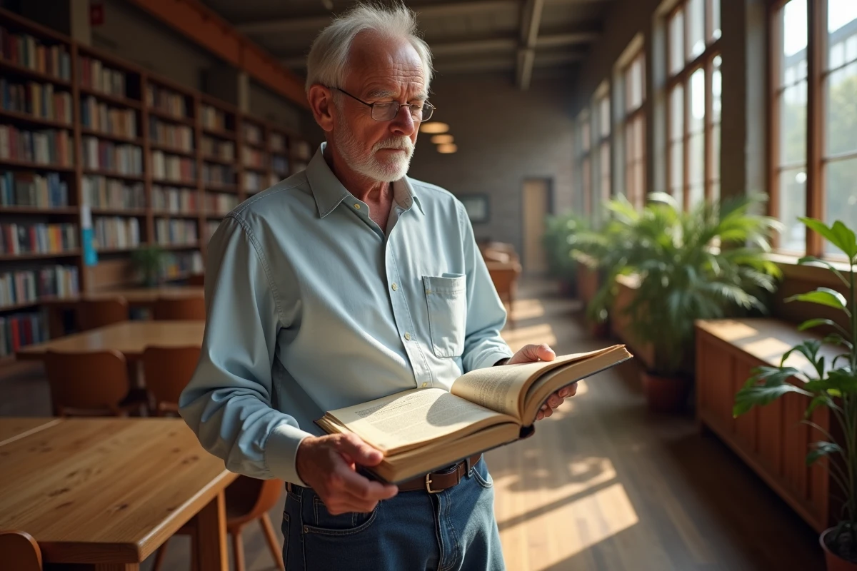 Homme étudiant un livre de généalogie dans une bibliothèque lumineuse