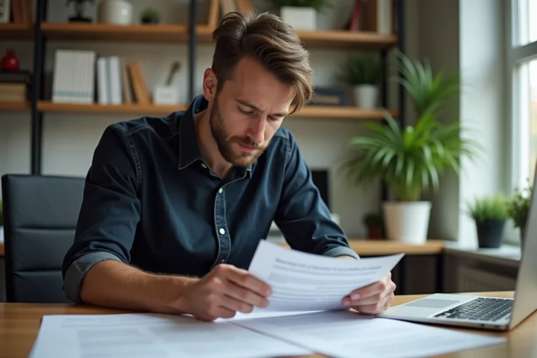 Homme relisant des conditions légales sur un bureau moderne