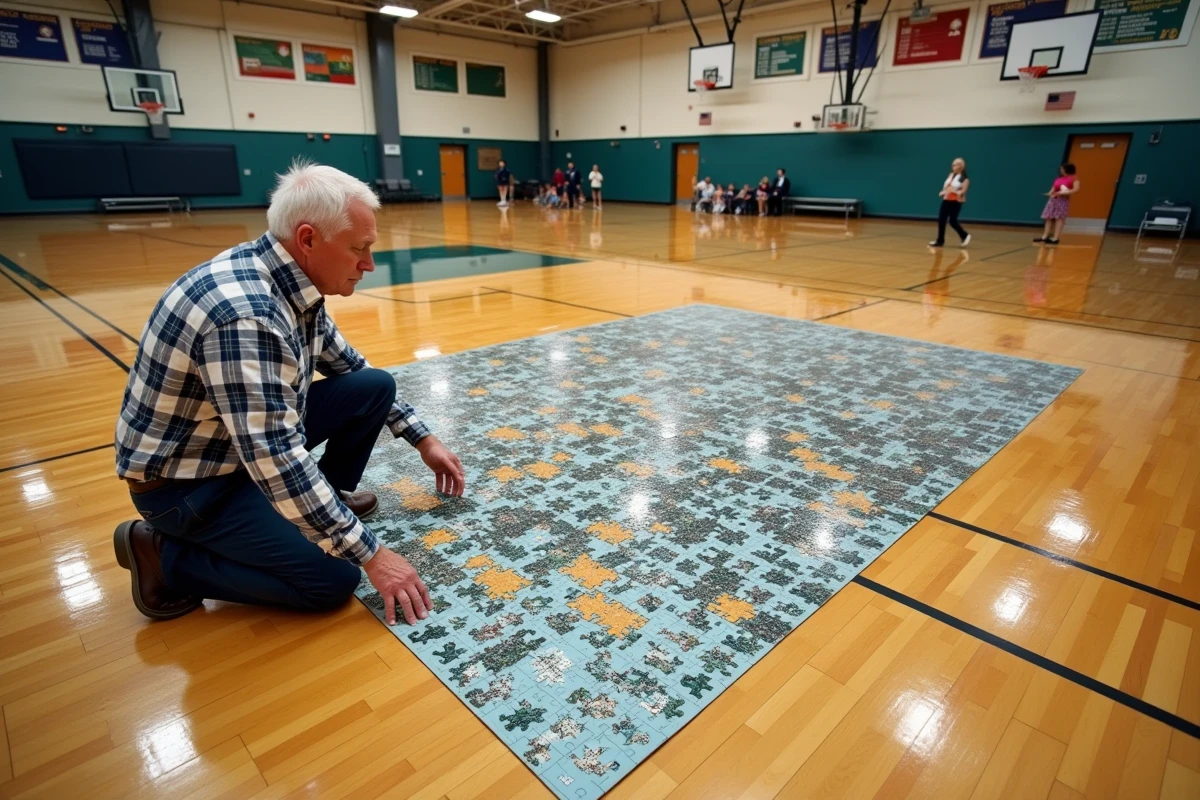 Homme senior assemble un puzzle géant dans un gymnase